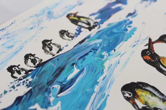 Penguin World - "We the Planet , 2018 " - Birds Landscape Impasto Painting on 300 GSM Handmade Paper - Bird Art