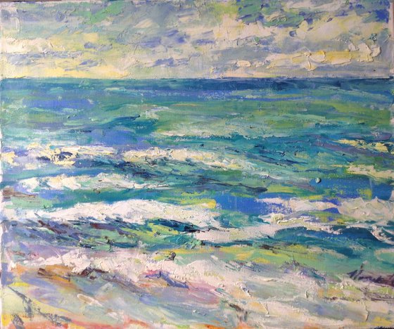 Early autumn sea. waves curl ocean summer original painting oil etude