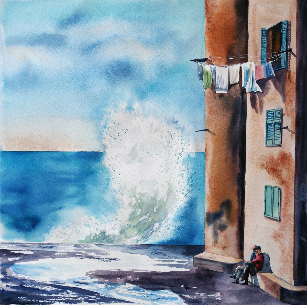 Impressionistic Cityscapes Watercolour By Delnara El, 16 X 16, Wave, Original Artwork