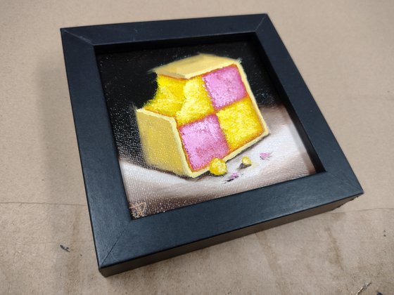 Little Battenberg cake slice still life