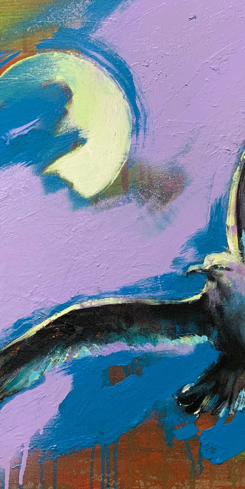 Bright painting - "Seagull on violet sunset" - 2022 by Yaroslav Yasenev