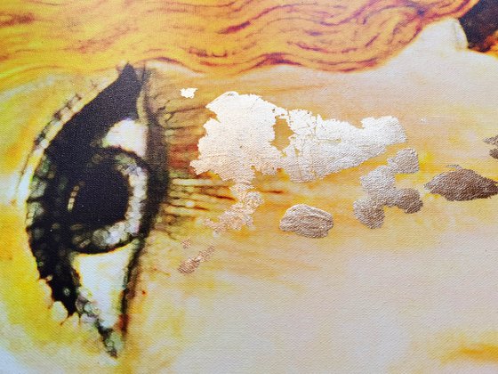 Golden Tears - original woman face art, fine art female portrait, mixed media painting