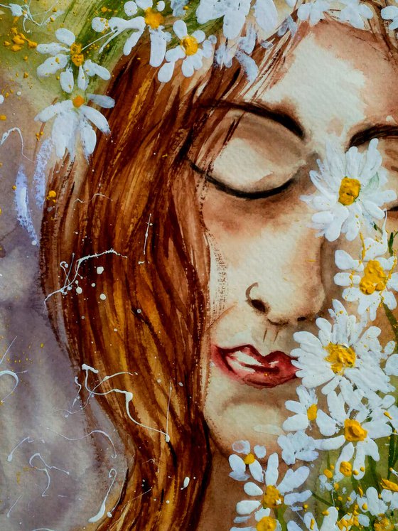 Flower Head Painting Woman Original Art Daisy Watercolor Chamomile Artwork Floral Wall Art 10 by 14 inches