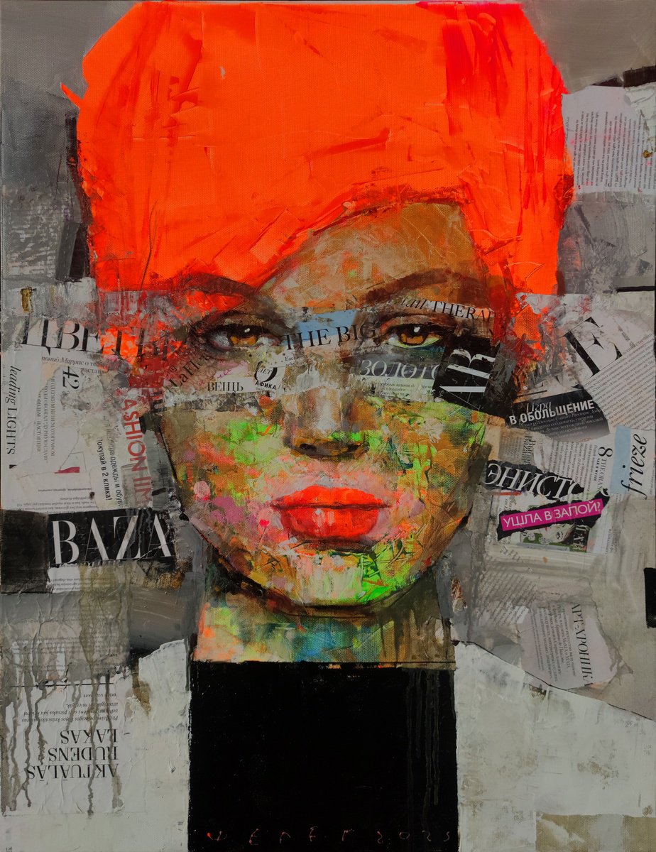 Urban And Pop Portrait Painting By Victor Sheleg, 24 X 31", The Lady Magazine, Original Artwork