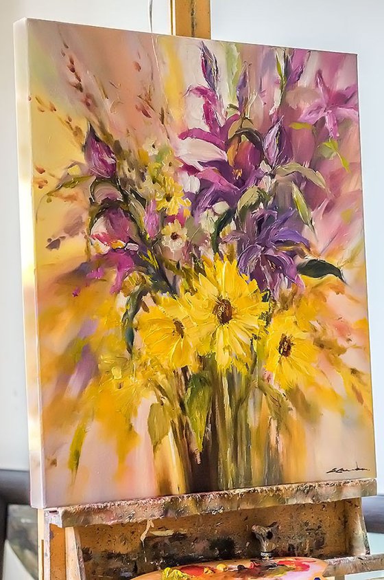 'Sunflowers and lilies bouquet'
