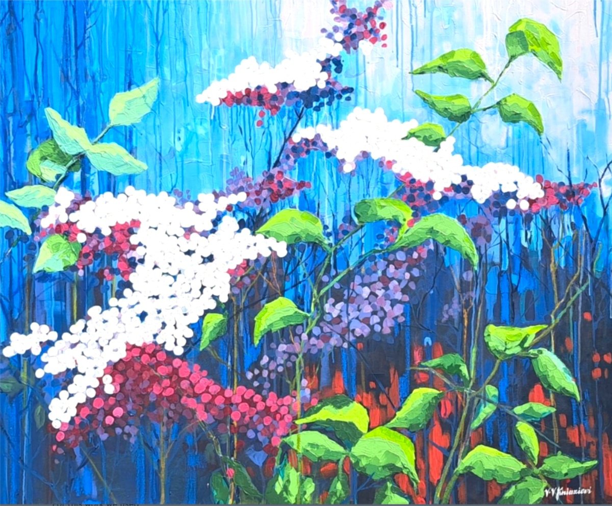 Abstract Botanical Acrylic Painting By V+V Kniazievi, 47 X 39", Flowers After Summer Rain, Original Artwork