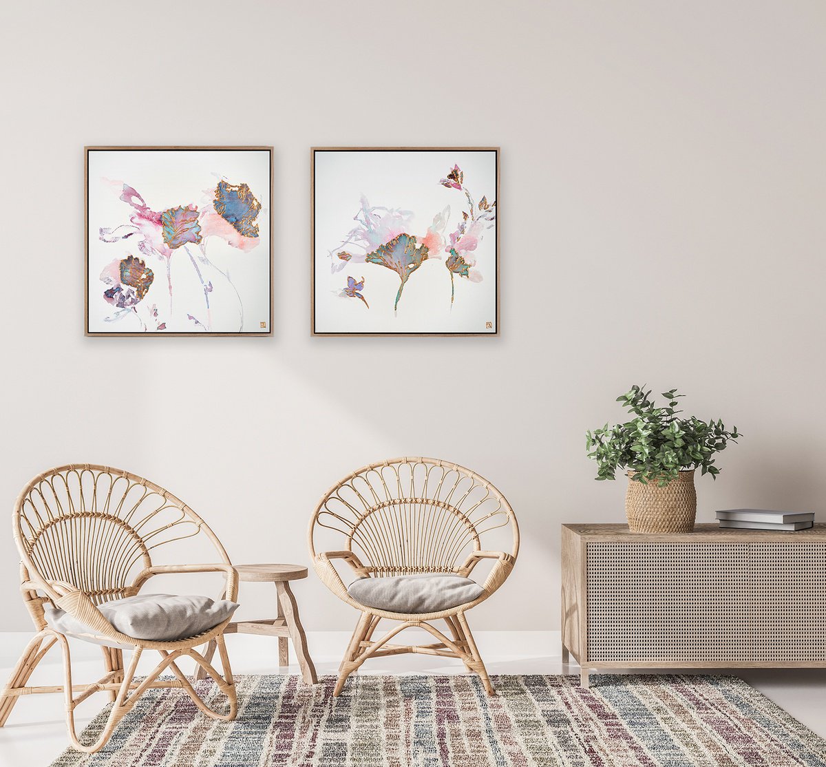 Abstract Acrylic Painting By Novi Lim, 53 X 26", In Bloom Diptych, Original Artwork