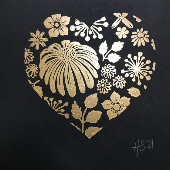 Gold Heart Floral Mini Print - linocut in gold on black paper