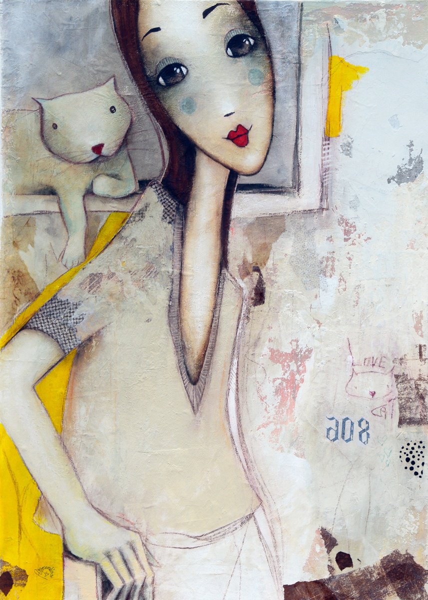 Expressive Portrait Acrylic Painting By Armandine Js, 18 X 26, Love Cat, Original Artwork