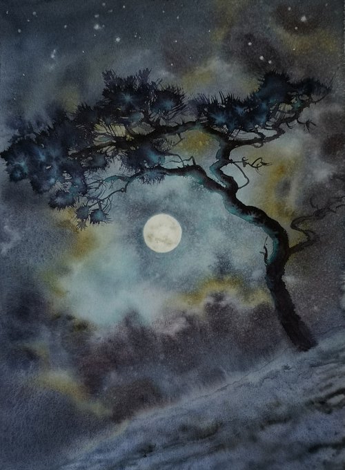 Solitude beneath Moonlight - Lonely Pine Tree by Olga Beliaeva Watercolour