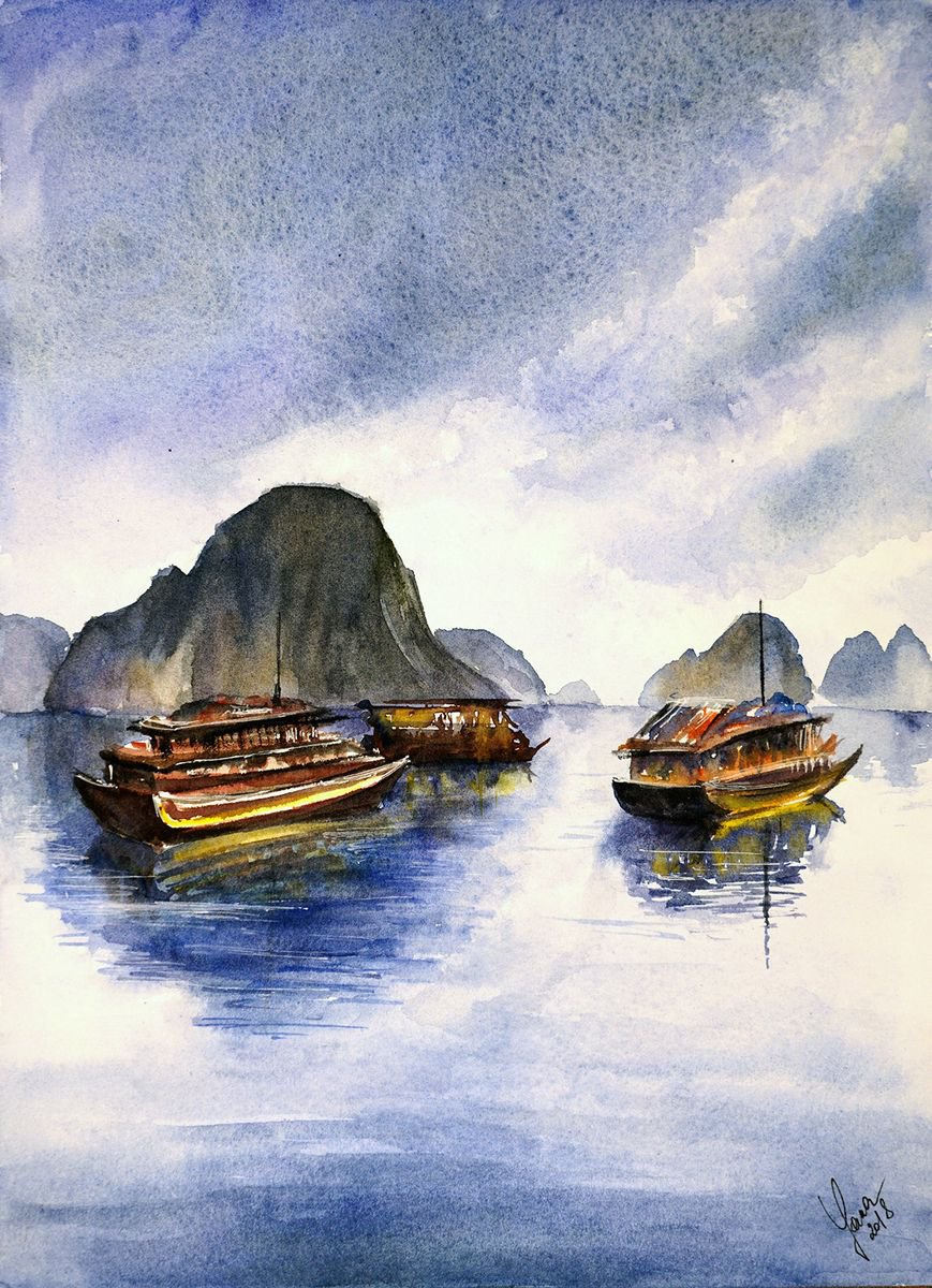 Halong Bay Original Watercolor Painting - Vietnam Landscape Art Watercolour By Yana Shvets | Artfinder