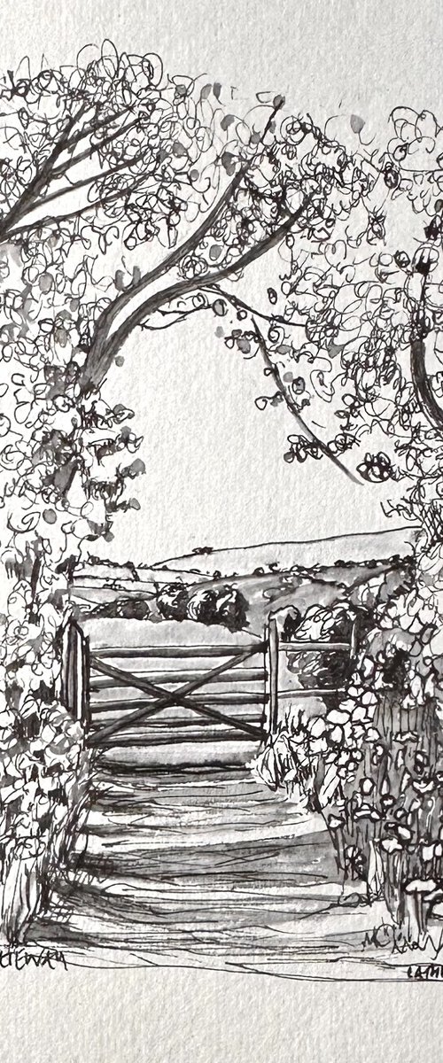 Gateway in Spring. English Countryside Pen & Ink by Catherine Winget
