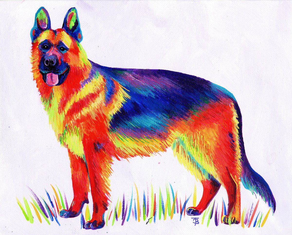 Expressive Animal Acrylic Painting By Tiffany Budd, 12 X 10", Rainbow German Shepherd, Original Artwork