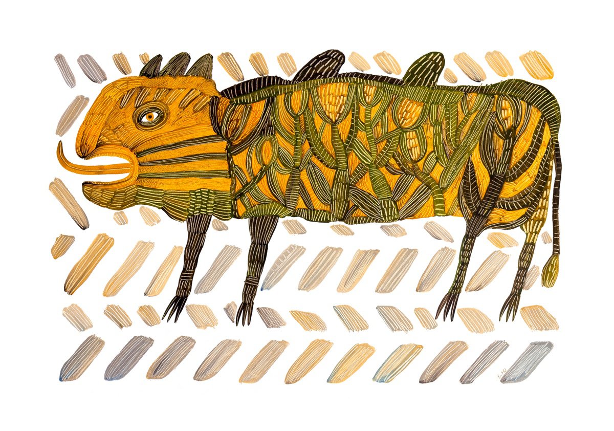 Naive Animal Watercolour By Yuliia Dunaieva, 30 X 21", Beast, Original Artwork