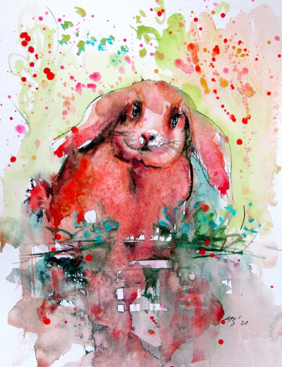 Impressionistic Animal Watercolour By Kovacs Anna Brigitta, 10 X 13", Cute Rabbit, Original Artwork