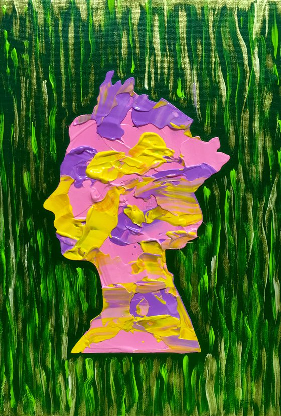 Queen #85 Royal green, gold, pink abstract portrait inspired by Queen Elizabeth II