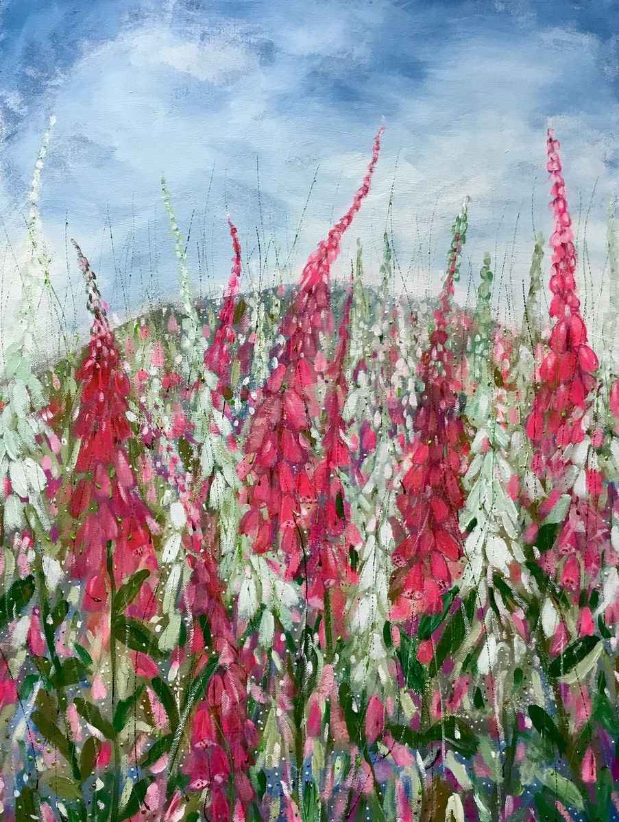 Floral canvas painting, Foxglove Fields by Janice MacDougall