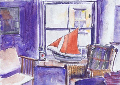 Red Sail in the Cottage Window, Staithes by Michele Wallington