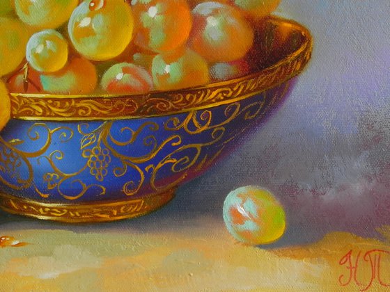 "Still Life with white grapes " Oil on canvas Original art Kitchen decor
