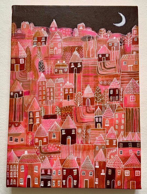 Patchwork Village, abstract townscape canvas painting