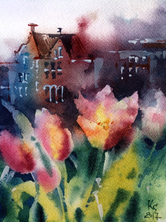 "Spring. Blooming tulips in Amsterdam" Original watercolor painting