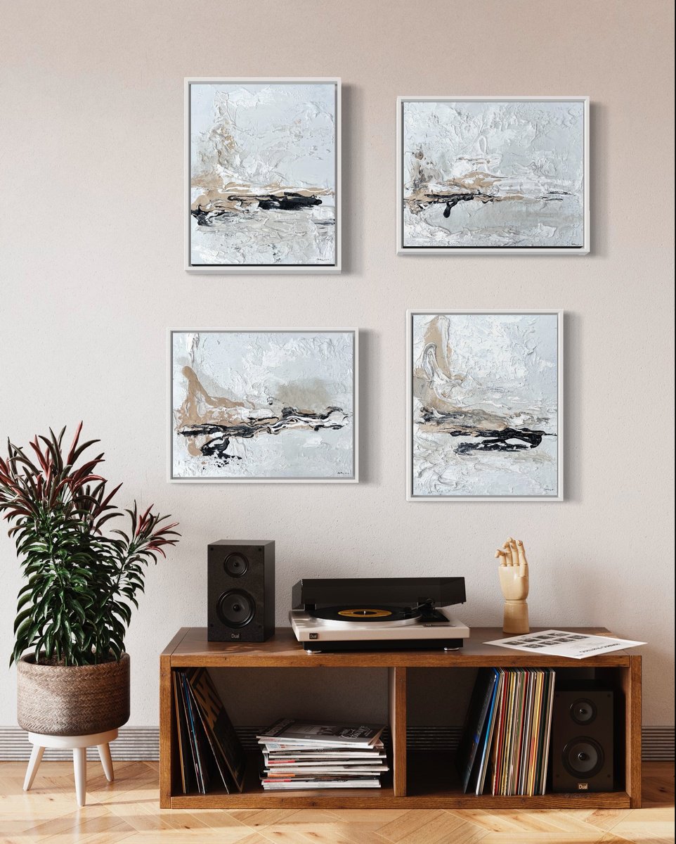 Hidden Light - 4 Paintings- Black, Sand & White By Daniela Pasqualini, 38 X 38, Artwork For Sale On Artfinder