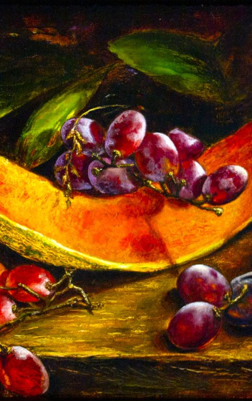 Grapes and plums with a slice of melon by Inga Loginova