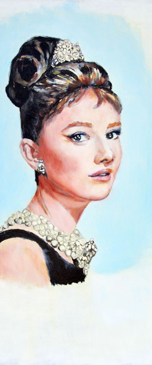 portrait of Audrey Hepburn, Breakfast at Tiffany, portrait, oil painting Audrey Hepburn, Audrey Hepburn art by Anna Brazhnikova