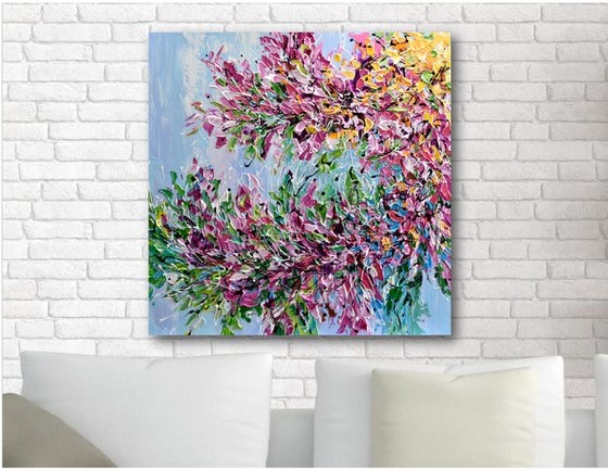 Cherry Blossom - Abstract Floral Painting on Canvas, Heavy Textured Palette Knife Art