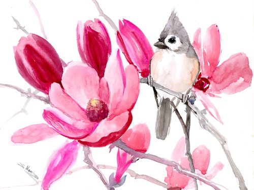 Titmouse and Pink Magnnolia Flowers by Suren Nersisyan