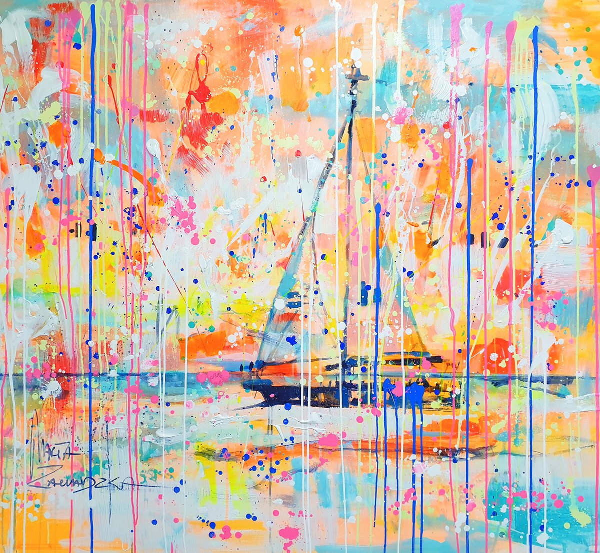 Impressionistic Landscape Acrylic Painting By Marta Zawadzka, 51 X 47", Summer Cruise, Original Artwork