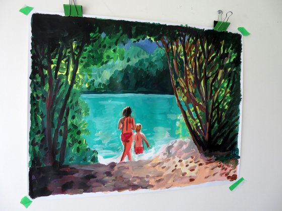lake scene with bathers