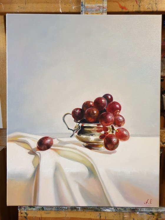 "Grapes in a silver bowl. "  still life summer liGHt original painting  GIFT (2021)