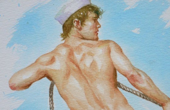 original watercolour painting  male nude in bathroom on paper#16-11-1