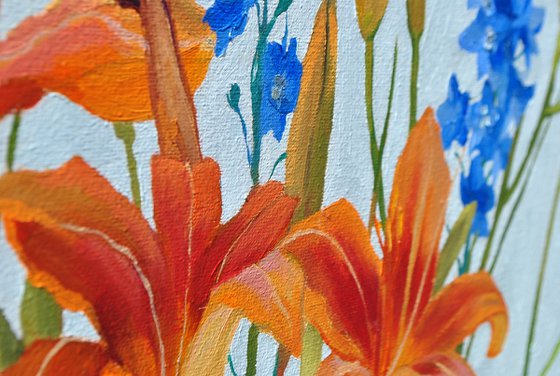 Orange Daylilies, Delphinium