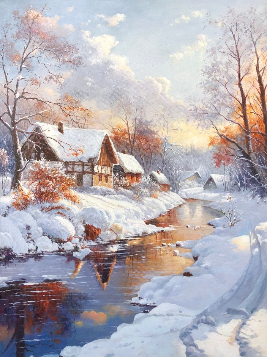 Impressionistic Landscape Oil Painting By Jianzhe Chon, 35 X 47, Snowscape Z050, Original Artwork