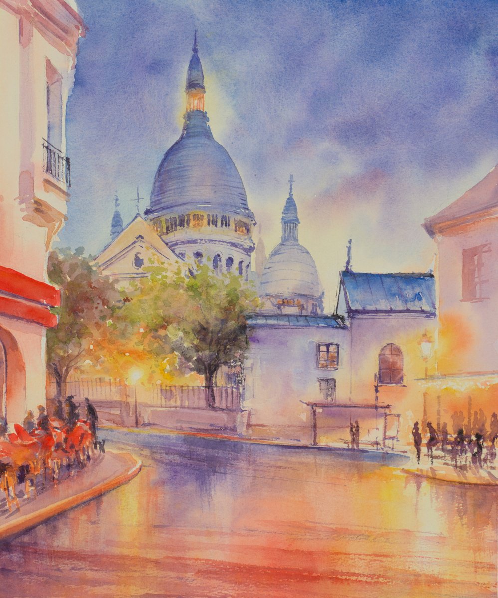 Impressionistic Cityscapes Watercolour By Eve Mazur, 12 X 15, Summer Evening, Original Artwork