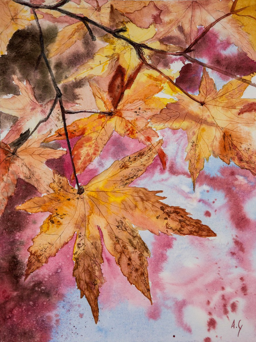 Impressionistic Botanical Watercolour By Aneta Gajos, 12 X 16, Autumn Leaves, Original Artwork