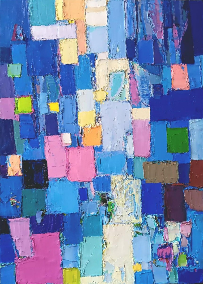 Geometric Abstract Oil Painting By Ruslan Khais, 30 X 42", Morning Prayer, Original Artwork