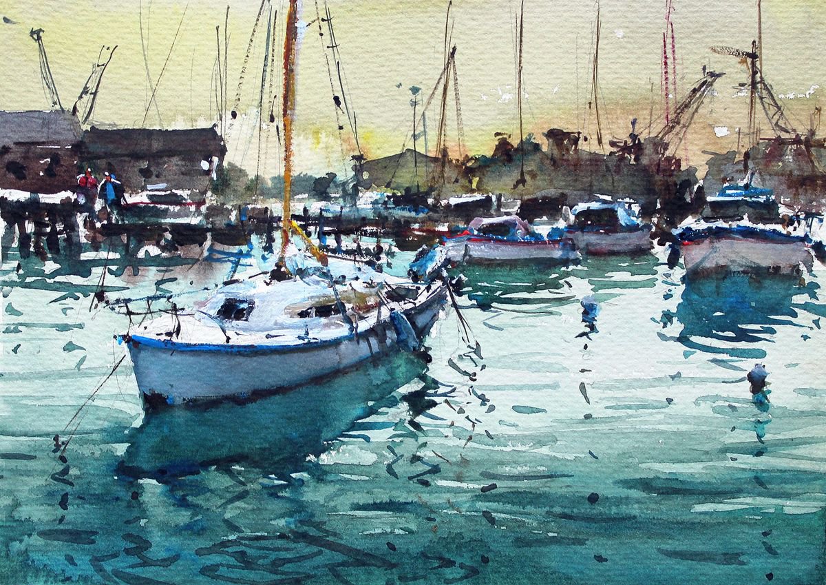 Impressionistic Landscape Watercolour By Maximo Damico, 11 X 8", Docking Sailing Boats Ii, Original Artwork