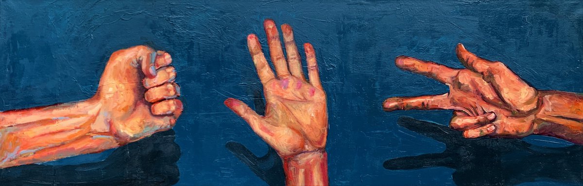 Expressive Portrait Oil Painting By Vita Schagen, 47 X 16", Rock-Scissors-Paper., Original Artwork