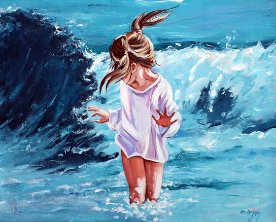 "MY WAY ... " PAINTING, OIL ON CANVAS GIFT, SEA,PALLETE KNIFE, GIRL