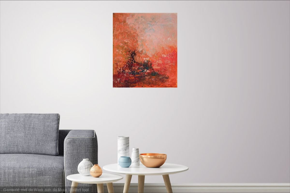 Abstract Landscape Oil Painting By Saroja Van Der Stegen, 17 X 20", Orange (Ref#:731-Op), Original Artwork