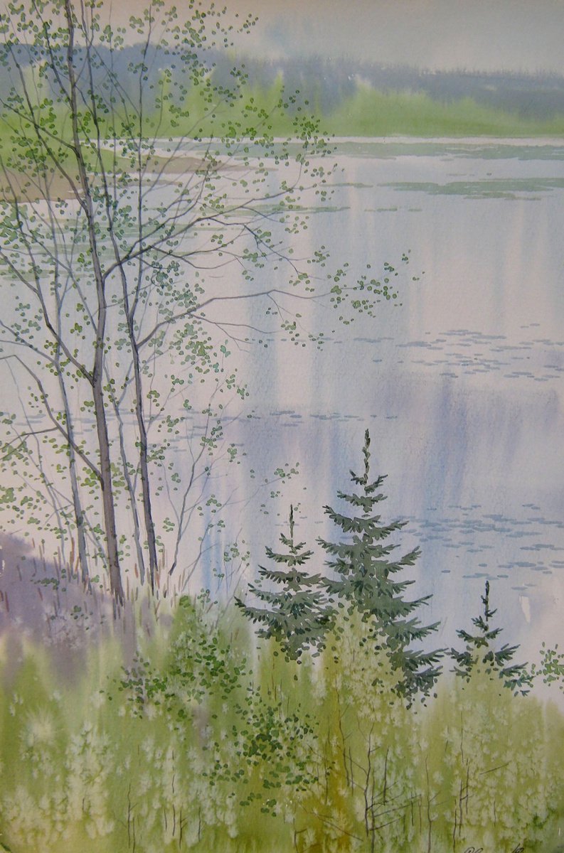 Impressionistic Landscape Watercolour By Valeriy Savenets-1, 12 X 18", April. The River Overflowed, Original Artwork