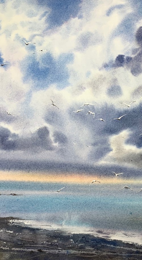 Seagulls over the sea by Eugenia Gorbacheva