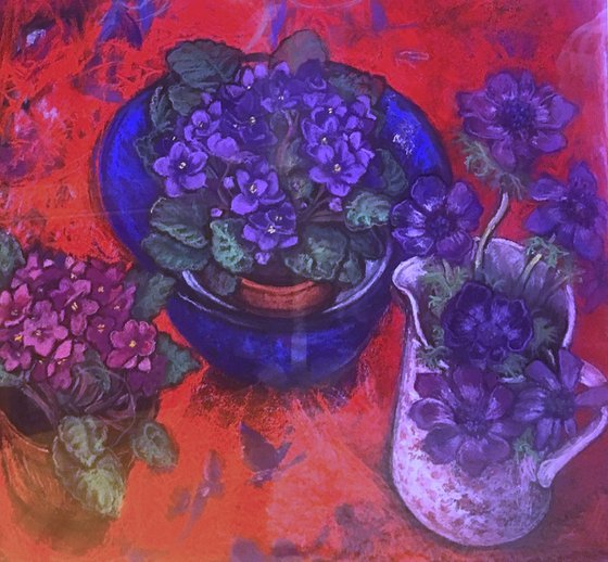 African Violets on red