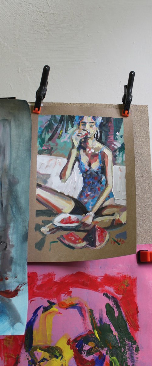A girl in a blue swimsuit Summer watermelon by Iryna Tymkul