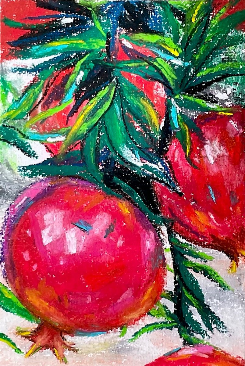 Impressionistic Botanical Pastel Drawing By Amani Muhammad, 4 X 6, Pomegranate, Original Artwork