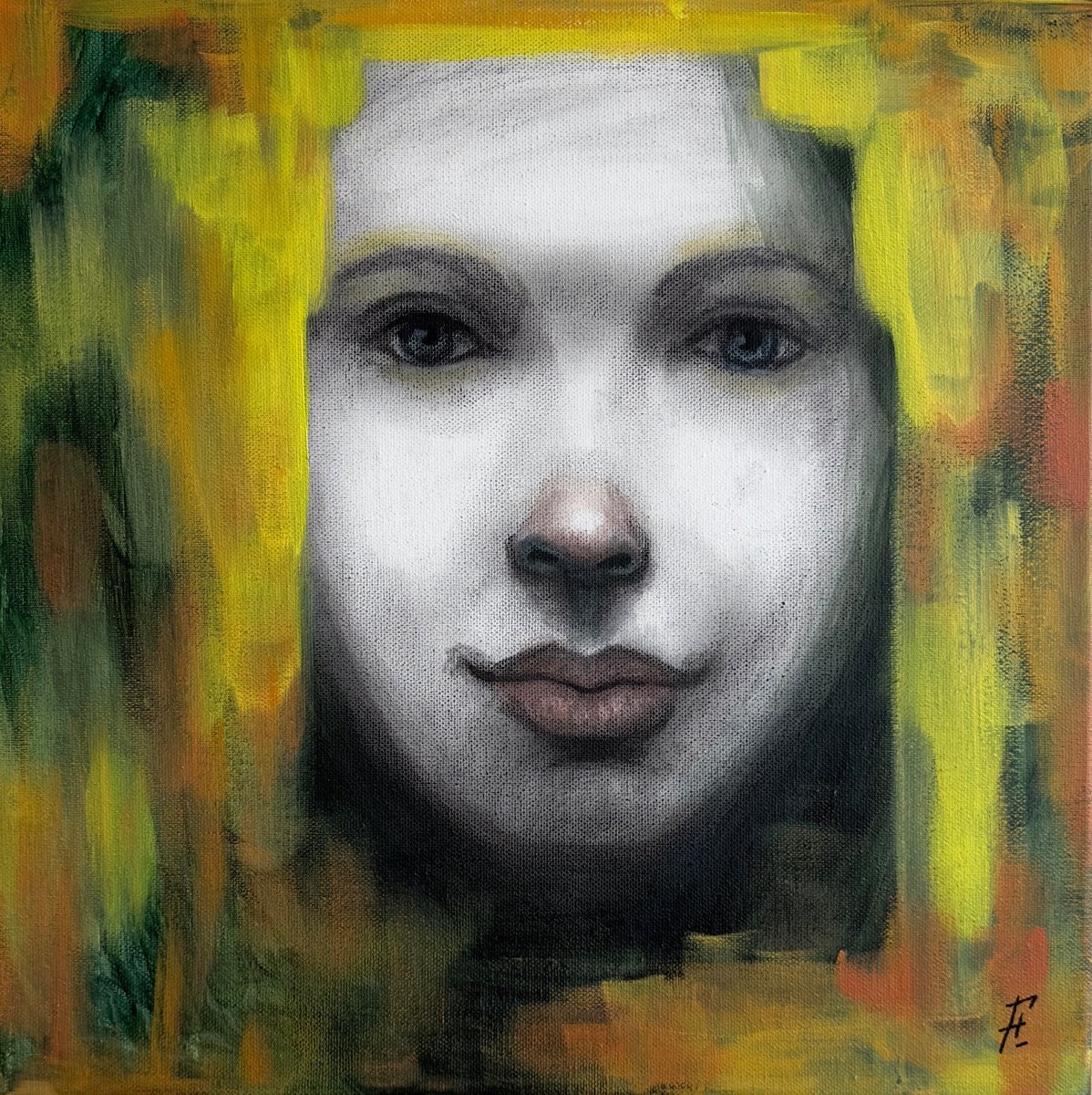 Impressionistic Portrait Acrylic Painting By Nikola Gulev, 16 X 16", "Veiled Emotions", Original Artwork