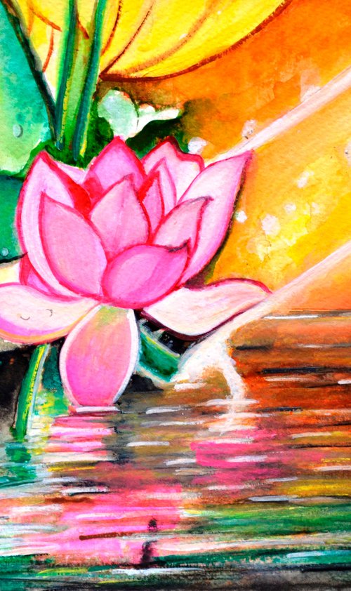 Lotus Sunrise a vibrant cheerful painting on sale by Manjiri Kanvinde